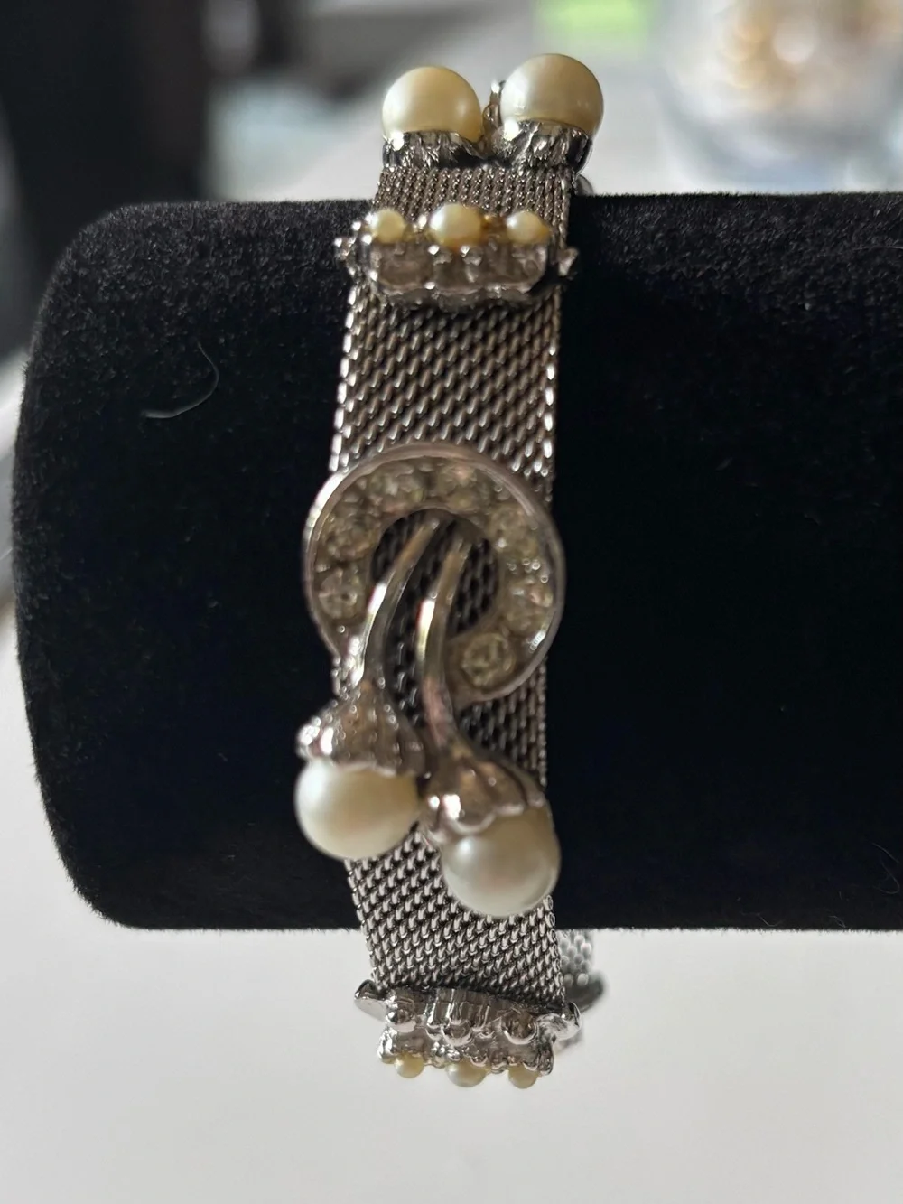 Vintage Faux Pearl Rhinestone Mesh Bracelet Clip Earrings Set Silver Tone 1950s
